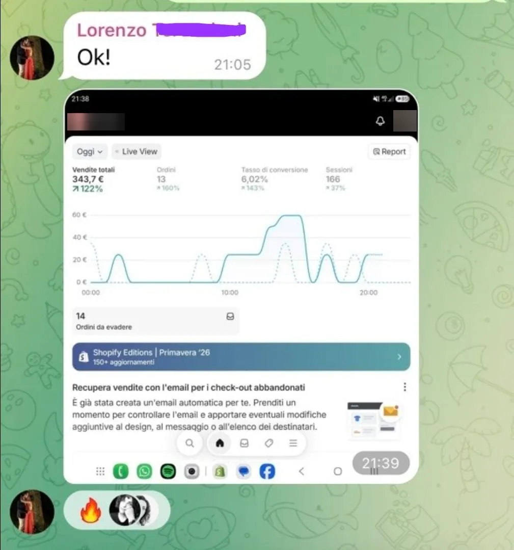 Chat Telegram di uno studente con i risultati del suo store