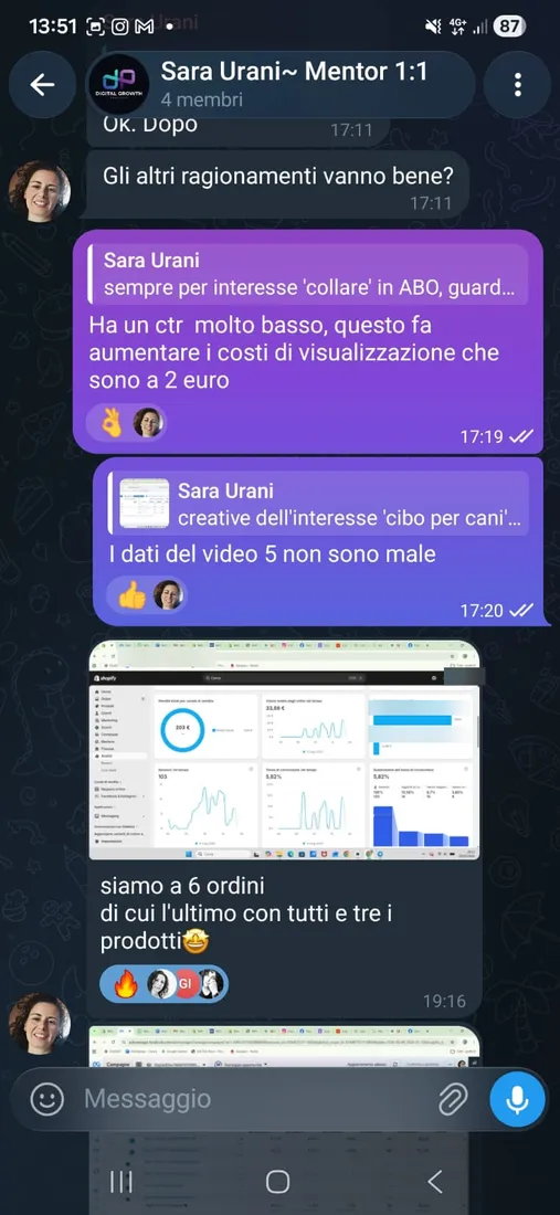 Chat Telegram di uno studente con i risultati del suo store