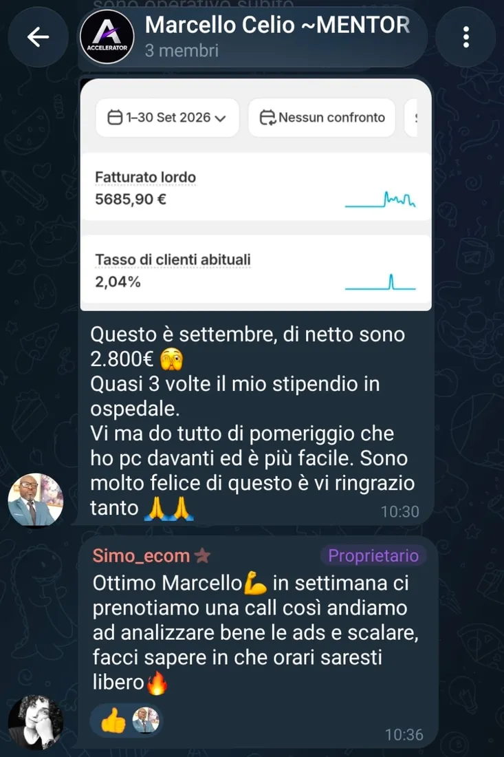 Chat Telegram di uno studente con i risultati del suo store
