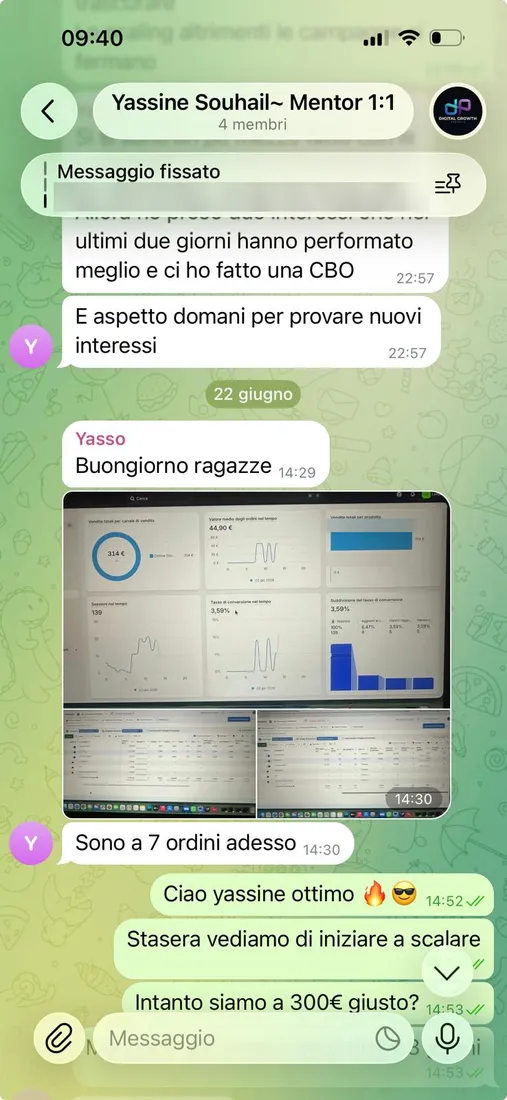 Chat Telegram di uno studente con i risultati del suo store