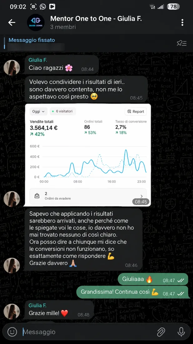 Chat Telegram di uno studente con i risultati del suo store