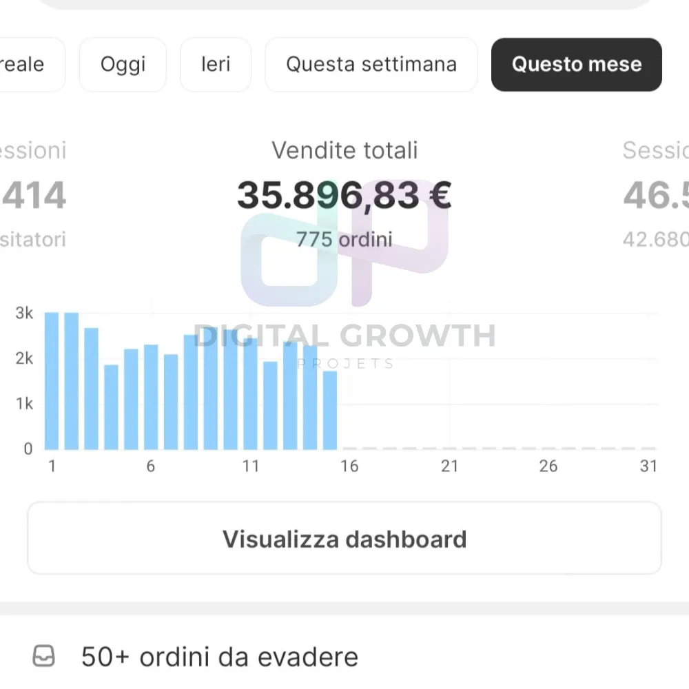 Dashboard Shopify con le vendite di uno studente