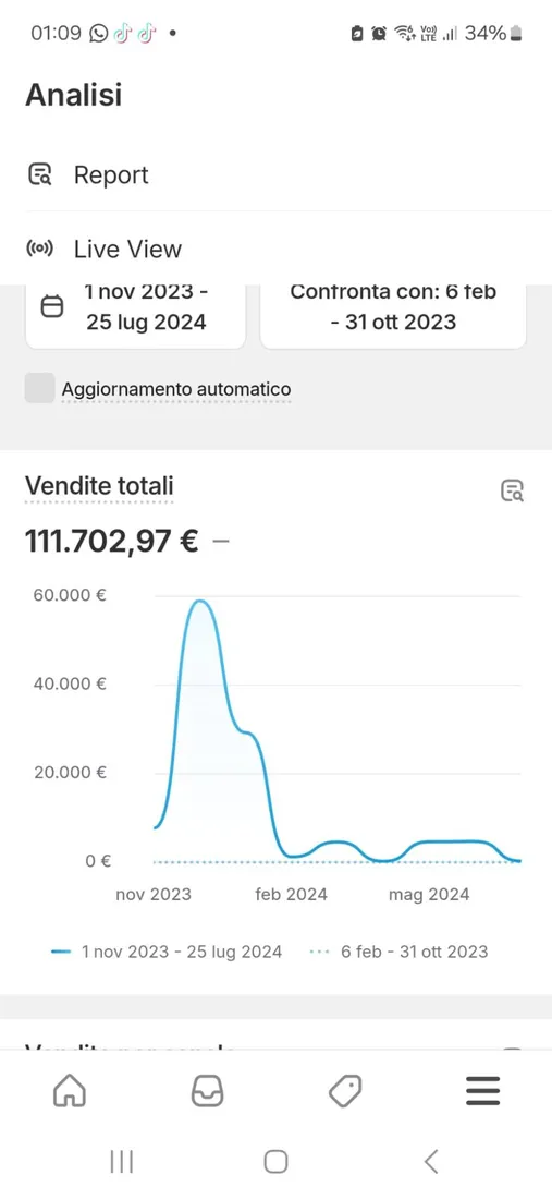 Dashboard Shopify con le vendite di uno studente